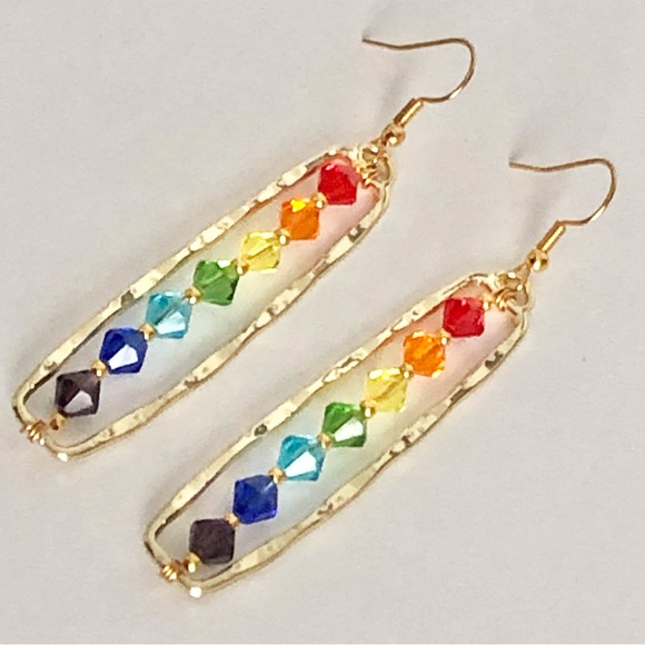 New Sparkling Glass Crystal 18k Gold Plated Hooks Dangling Hoop Rainbow Earrings - Picture 3 of 11